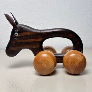Vintage CVS Carved Natural Wood Horse Wheels Hand‎ Massage Roller/Kid’s Toy 7.5"